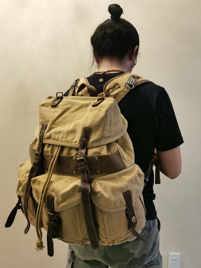 Khaki Mens Canvas Travel Backpack Canvas EDC Backpack Hiking Backpacks for Men