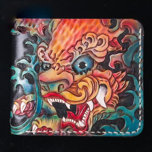 Handmade Leather Chinese Lion Tooled Mens billfold Wallet Cool Leather Wallet Slim Wallet for Men