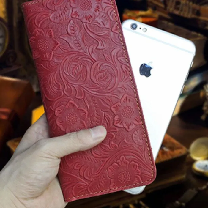 Handmade Leather Floral Mens Cool Travel Long Wallet Card Holder Card Slim Clutch Wallets for Men