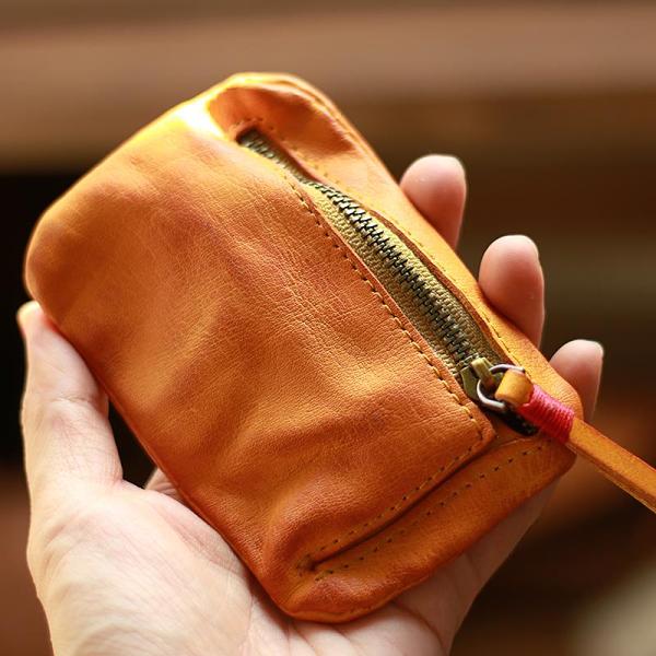 Vintage Slim Tan Leather Mens Coin Wallet Zipper Coin Holder Change Pouch For Men