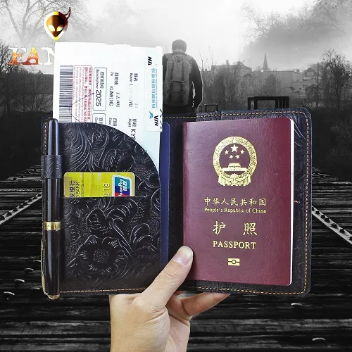 Handmade Leather Floral Mens Cool Travel Short Wallet Passport Card Holder Small Card Slim Wallets for Men