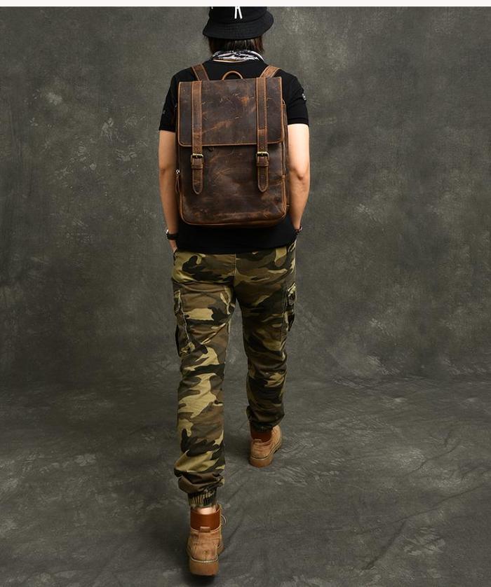 Cool Leather Mens 14 Dark Brown Hiking Backpack Travel Backpack College Backpack for Men