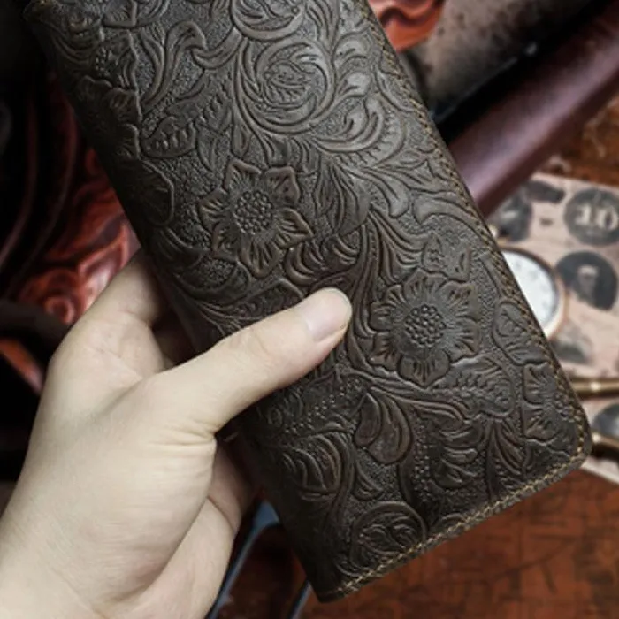 Handmade Leather Floral Mens Cool Travel Long Wallet Card Holder Card Slim Clutch Wallets for Men