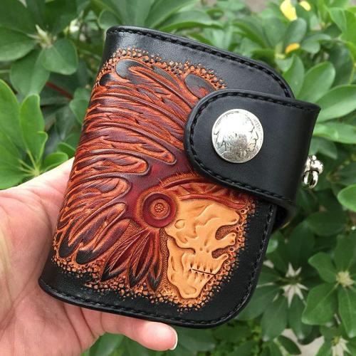 Handmade Leather Tooled Skull Indian Chief Biker Wallet Mens Cool Short Chain Wallet Trucker Wallet with Chain