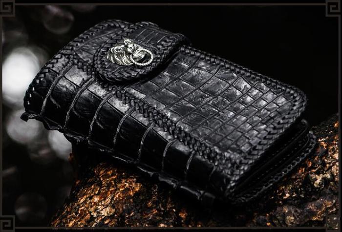 Handmade Leather Black Mens Chain Biker Wallet Cool Leather Wallet Long Clutch Wallets for Men