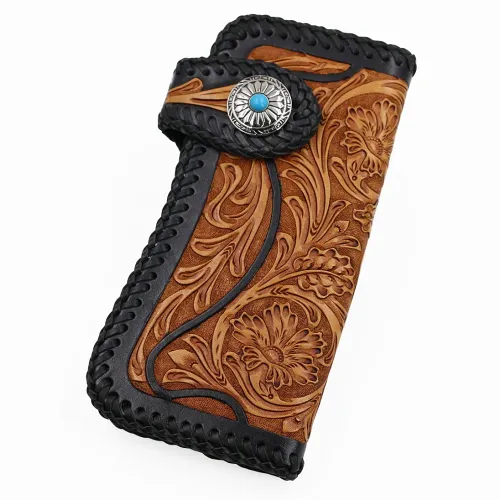 Handmade Mens Cool Tooled Floral Leather Chain Wallet Biker Trucker Wallet with Chain