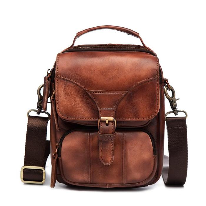 Vintage Leather Brown Men's Small Vertical Side Bag Handbag Belt Bag Pouch  For Men