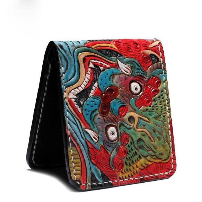 Handmade Leather Chinese Lion Tooled Mens billfold Wallet Cool Leather Wallet Slim Wallet for Men