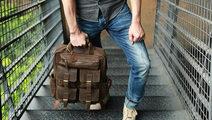 Vintage Coffee Mens Leather Backpacks Travel Backpacks Laptop Backpack for men