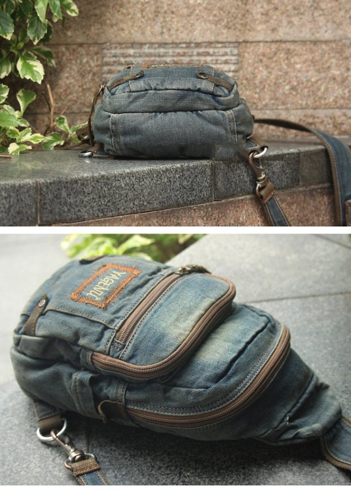 Mens Vintage Blue Denim Sling Bag Chest Bags Jean One Shoulder Backpack For Men