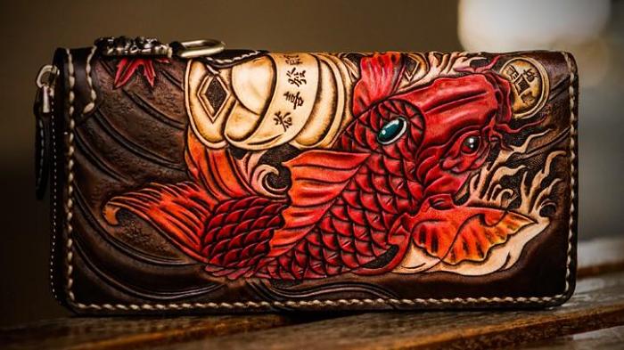 Handmade Leather Tooled Carp Mens Chain Biker Wallet Cool Leather Wallet Long Phone Wallets for Men