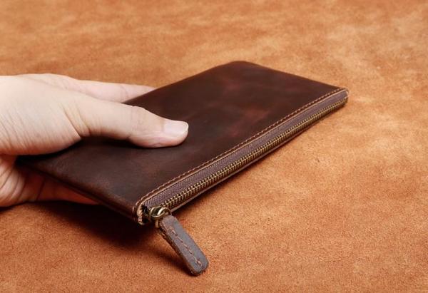 Genuine Leather Mens Cool Long Leather Wallet Slim Zipper Clutch Wristlet Wallet for Men