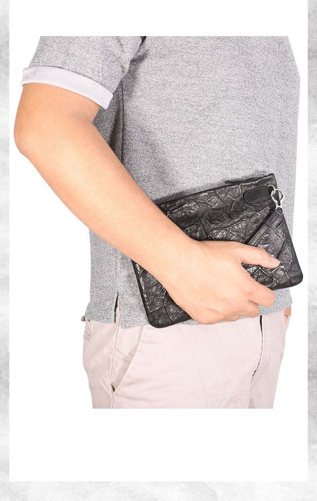 Handmade Leather Mens Black Cool Long Wallet Wirstlet Bag Ultra Thin Clutch Wallet for Men
