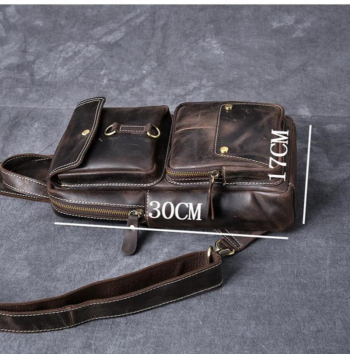 Cool Leather Mens 8 Brown Vintage Sling Bag Chest Bag One Shoulder Backpack for Men