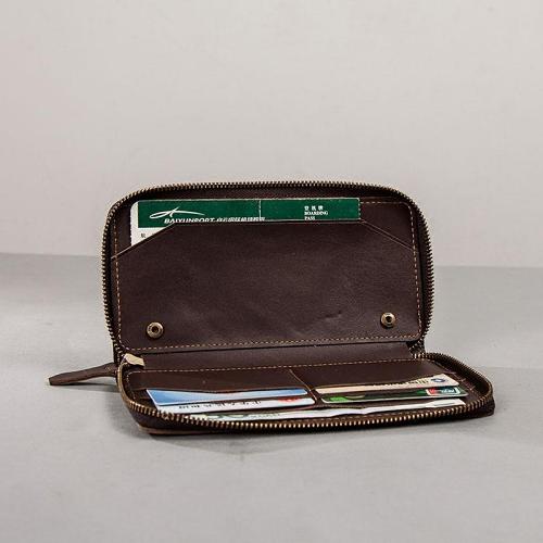 Coffee Leather Mens Zipper Travel Wallet Passport Wallet Clutch Wallets for Men