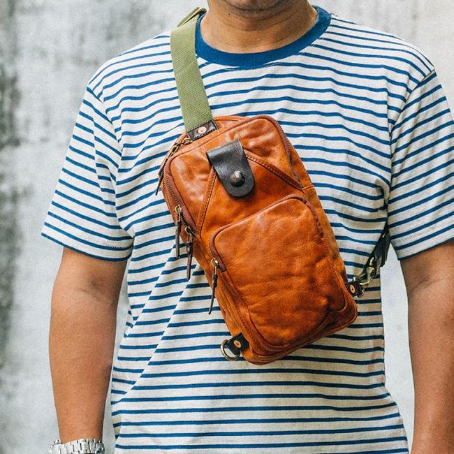 Fashion Black Leather Mens Sling Bag Chest Bag Sling Pack Tan One Shoulder Backpack For Men