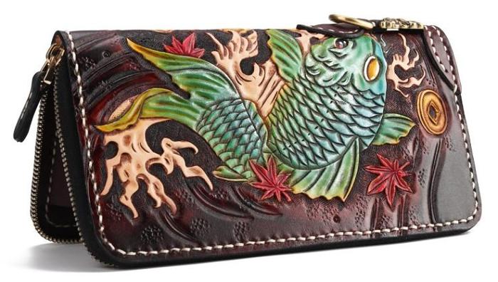 Handmade Leather Carp Mens Chain Biker Wallet Cool Leather Wallet Long Phone Wallets for Men