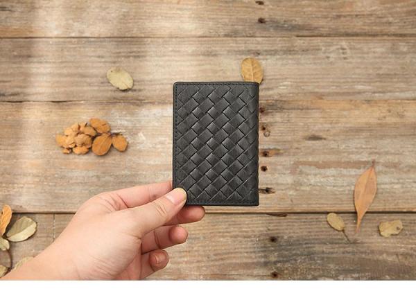 Black Braided Leather Mens Small Wallets Bifold Slim Front Pocket Wallet Card Holder for Men