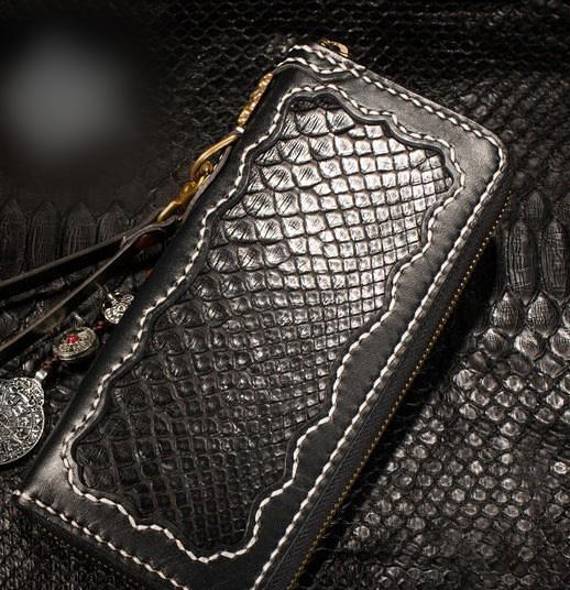 Handmade Leather Python Skin Mens Chain Biker Wallet Cool Leather Wallet Long Phone Wallets for Men