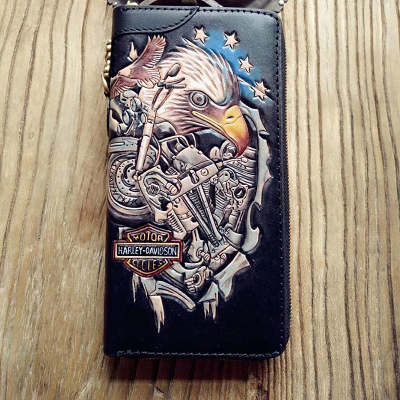 Handmade Leather Mens Clutch Wallet Cool Eagle Tooled Chain Wallet Biker Wallets for Men