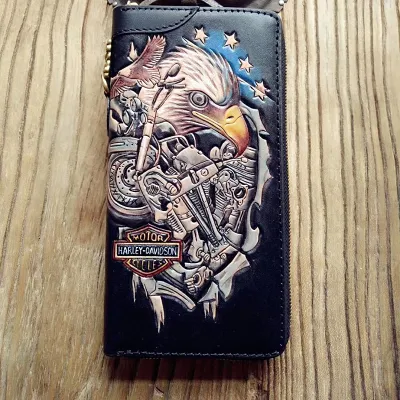 Handmade Leather Mens Clutch Wallet Cool Eagle Tooled Chain Wallet Biker Wallets for Men