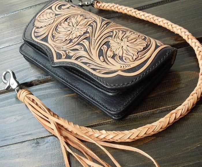 Handmade Leather Biker Wallet Tooled Floral Mens Cool Chain Wallet Trucker Wallet with Chain