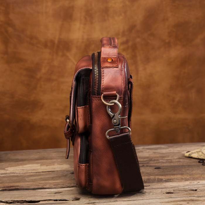 Vintage Leather Brown Men's Small Vertical Side Bag Handbag Belt Bag Pouch  For Men