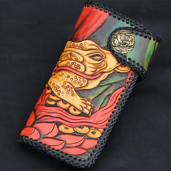 Handmade Mens Tooled GoldenToad Leather Chain Wallet Biker Trucker Wallet with Chain