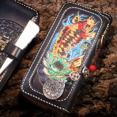 Handmade Leather Carp Mens Chain Biker Wallet Cool Leather Wallet Long Phone Wallets for Men