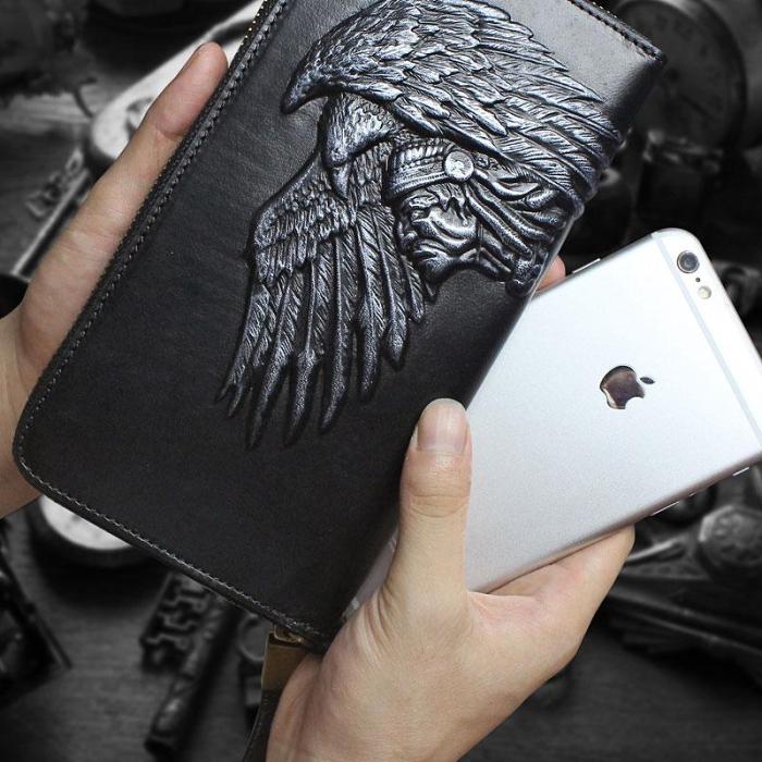 Handmade Leather Mens Tooled Indian Cool Zipper Phone Travel Long Wallet Card Holder Card Slim Clutch Wallets for Men