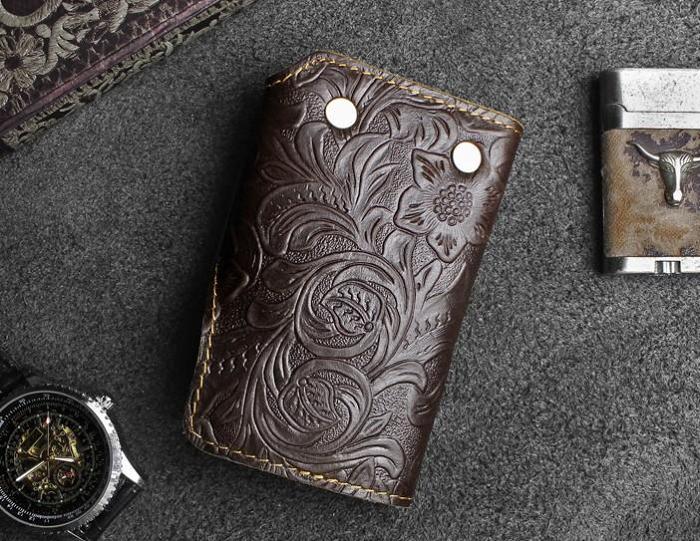Handmade Leather Floral Mens Cool Key Wallet Wallet Card Holder Small Card Keychain Wallets for Men