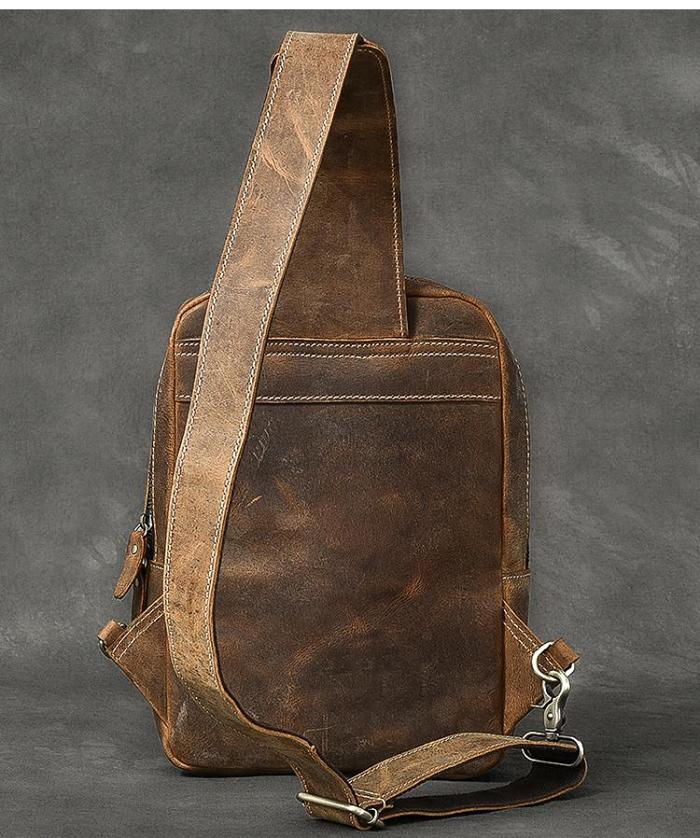 Cool Leather Mens 10 Brown Sling Bag Chest Bag Dark Coffee One Shoulder Backpack for Men