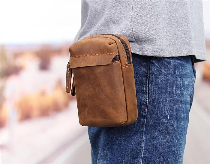 Cool Brown Leather Men's Cell Phone Holster Brown Belt Bag Belt Pouch For Men