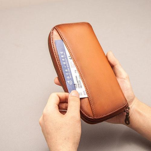 Vintage Leather Long Wallets for Men Zipper Long Wallet