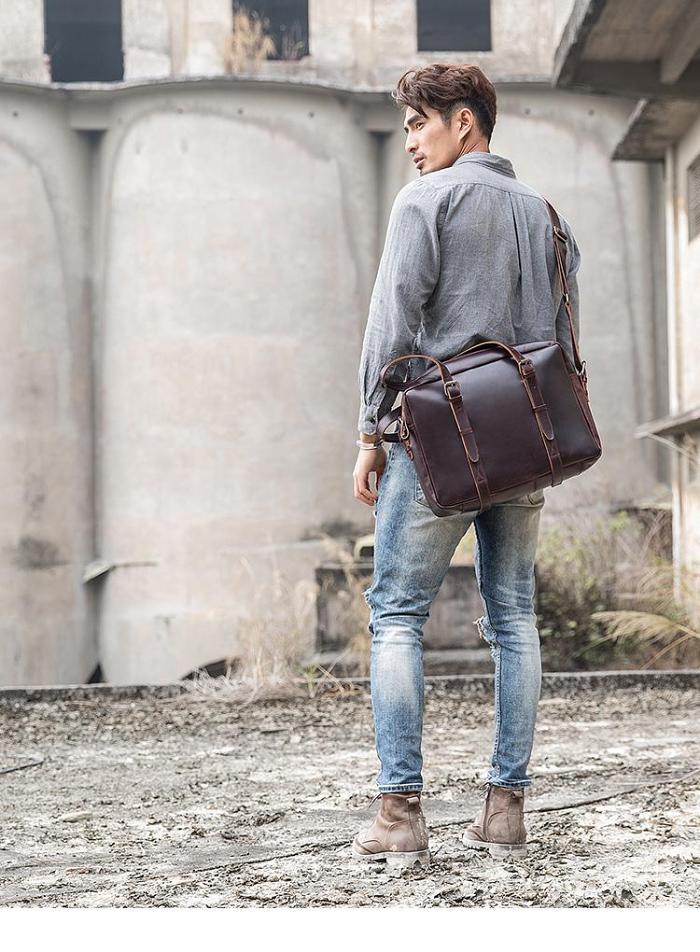 Dark Brown Cool Leather Mens Large 15 inches Briefcase Laptop Briefcase Messenger Bags Side Bags Work Bag for Men