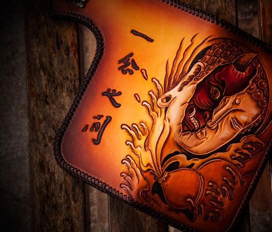 Handmade Leather Tooled Buddha&Demon Mens Chain Biker Wallet Cool Leather Wallet With Chain Wallets for Men