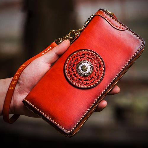 Handmade Leather Mens Tibetan Chain Biker Wallet Cool Leather Wallet Long Clutch Wallets for Men