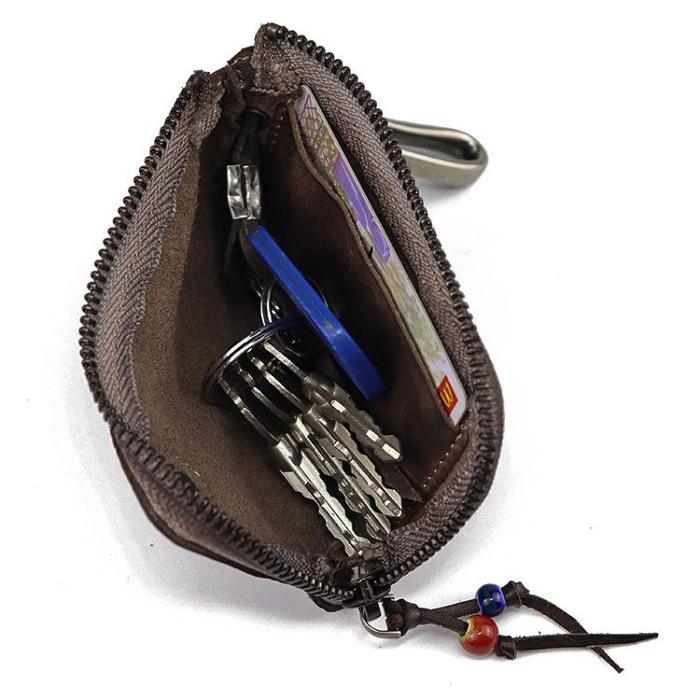 Vintage Brown Leather Men's Car Key Wallet Black Zipper Key Wallet For Men