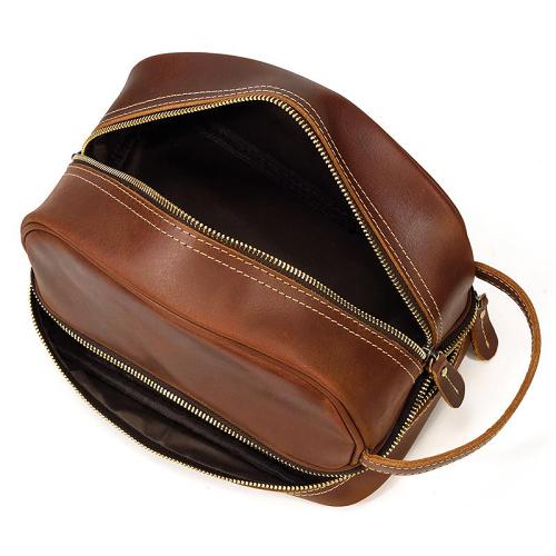 Brown Leather Men's Clutch Bag Double Zipped Wristlet Handbag Storage Bag For Men