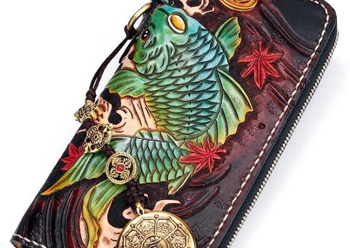 Handmade Leather Carp Mens Chain Biker Wallet Cool Leather Wallet Long Phone Wallets for Men