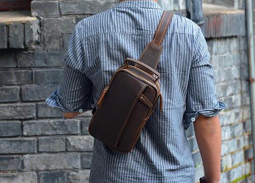 Handmade Leather Mens Cool Chest Bag Sling Bag Crossbody Bag Travel Bag Hiking Bag for men