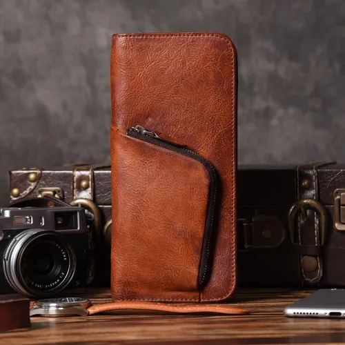 Handmade Leather Mens Cool Long Leather Wallet Zipper Phone Clutch Wallet for Men