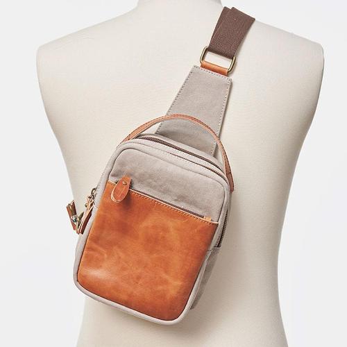 Cool Gray Canvas Leather Mens Sling Bag Chest Bag One Shoulder Pack for men