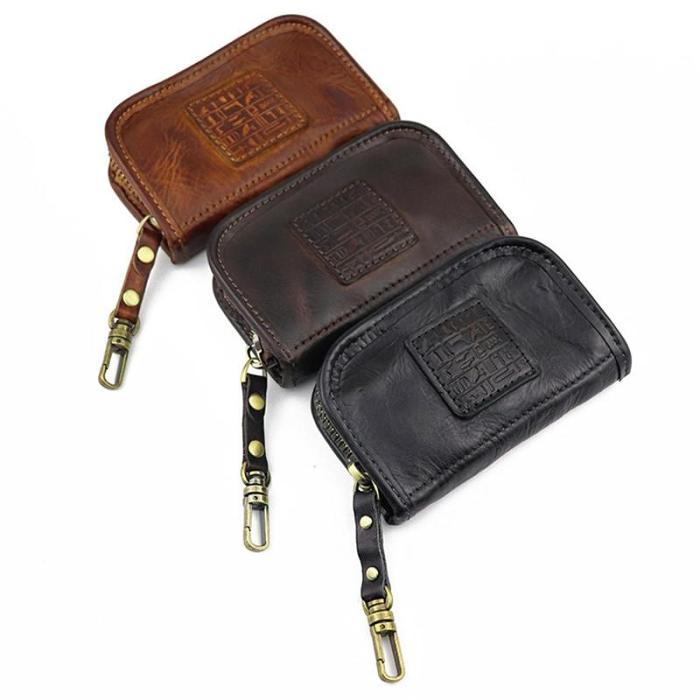 Vintage Brown Leather Men's Car Key Wallet Black Key Zipper Wallet For Men