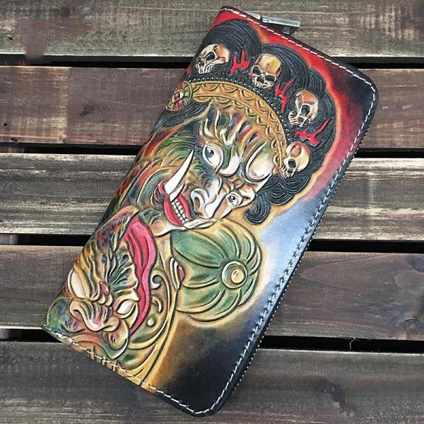 Blue Handmade Tooled Wolf Leather Long Wallet Zipper Wallet Clutch Wallet For Men