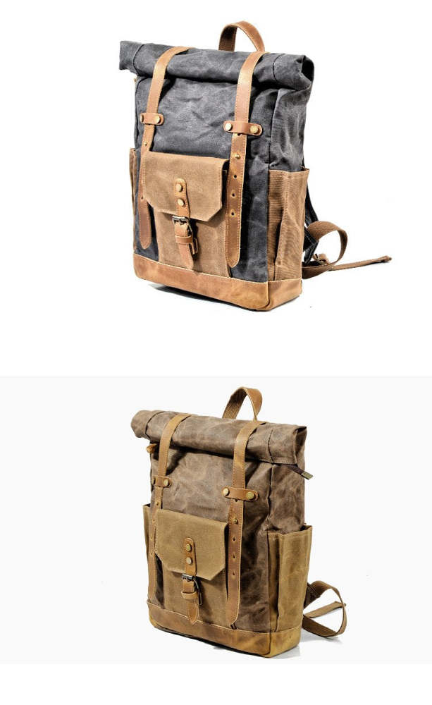 Cool Canvas Leather Mens Green Large Waterproof Travel Backpack Computer Hiking Backpack for Men