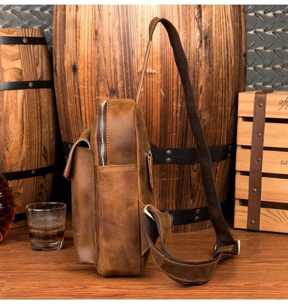 Cool Dark Brown Leather Mens Sling Bag Crossbody Pack One Shoulder Pack Brown Chest Bag for men