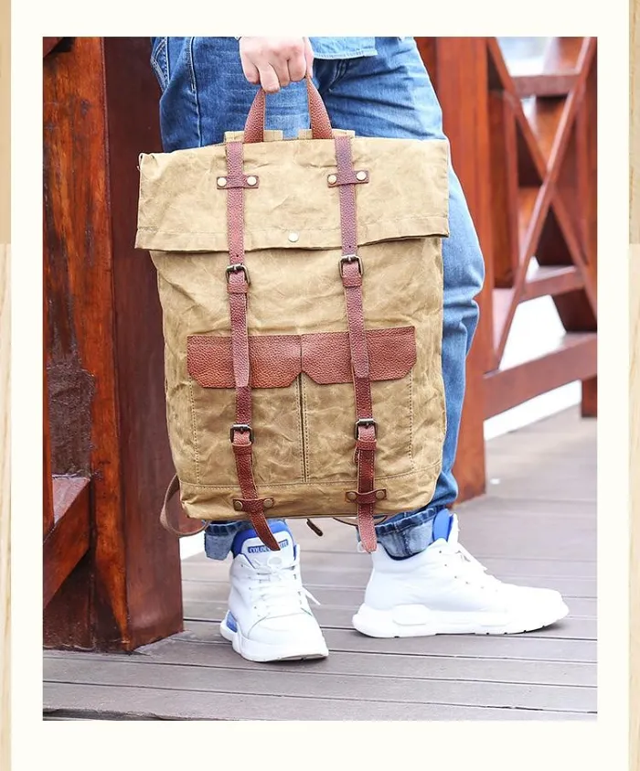 Waxed Canvas Leather Mens 15‘’ Green Waterproof Backpack Khaki Travel Backpack Hiking Backpack for Men