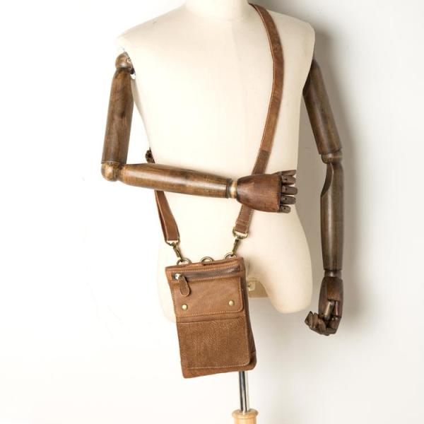 Cool Khaki Leather Mens Casual Waist Bag Belt Pouch Mini Messenger Bags Side Bag for Men