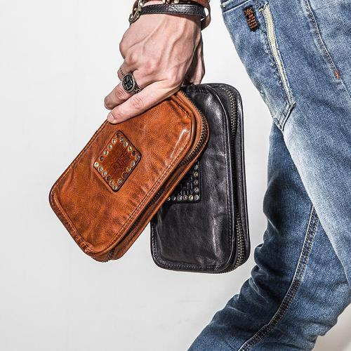 Handmade Leather Mens Cool Long Leather Wallet Zipper Clutch Wallet for Men